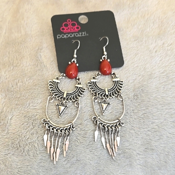 paparazzi Jewelry - #087 Paparazzi Silver and Red Dangle Earrings